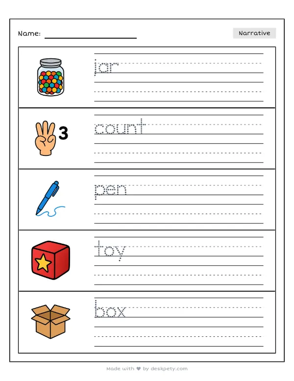 Free printable K-1 narrative writing prompt worksheet - My collection of 100 items has with word bank and handwriting lines (page 1 of 5)