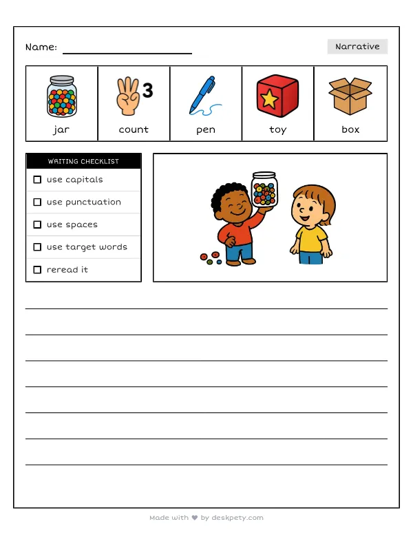 Free printable K-1 narrative writing prompt worksheet - My collection of 100 items has with word bank and handwriting lines