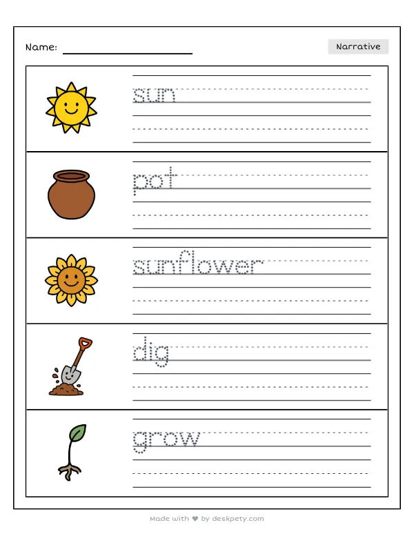 Free printable K-1 narrative writing prompt worksheet - Bright yellow sunflowers grow very tall because with word bank and handwriting lines (page 1 of 5)