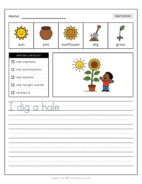 Free printable K-1 narrative writing prompt worksheet - Bright yellow sunflowers grow very tall because with word bank and handwriting lines