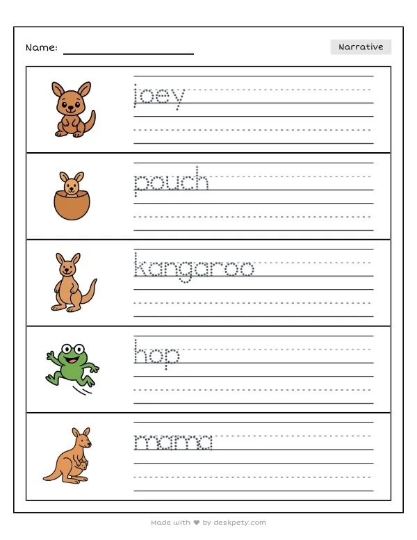 A tiny baby joey growing safely inside a kangaroo's pouch — real worksheet preview with word bank and writing lines