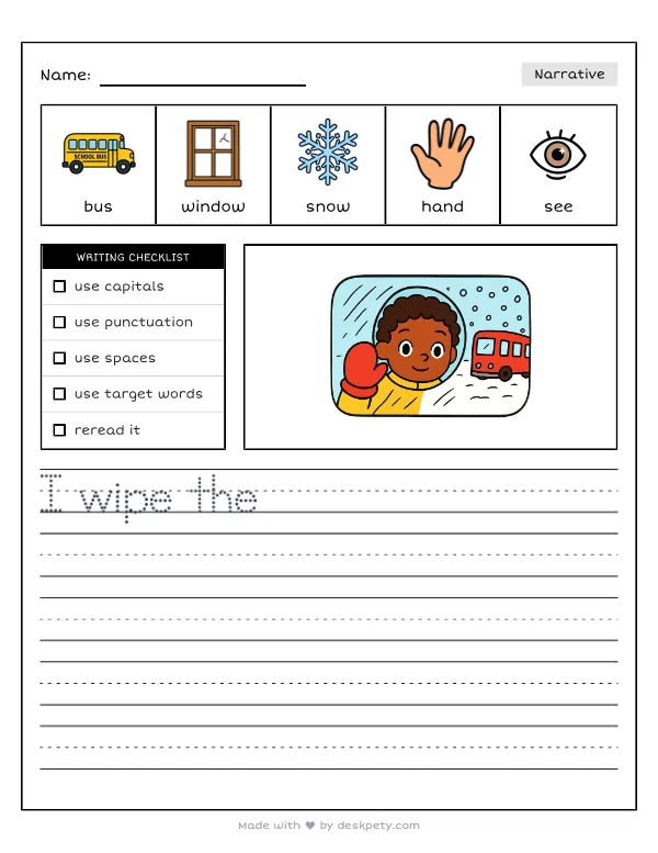 A child wiping a clear circle on a foggy bus window to peek at the snowy street — real worksheet preview with word bank and writing lines