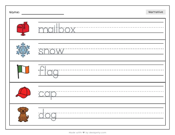 Free printable Kindergarten write and draw worksheet - A snow-covered mailbox with a flag up tracing sentence and coloring page (page 1 of 4)