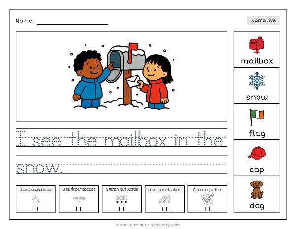 A snow-covered mailbox with a flag up — real worksheet preview with word bank and writing lines
