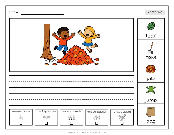 A leaf pile with a rake leaning nearby — real worksheet preview with word bank and writing lines