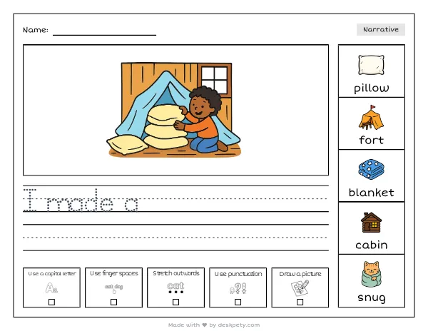 Free printable Kindergarten write and draw worksheet - Building a pillow fort inside a cozy cabin tracing sentence and coloring page