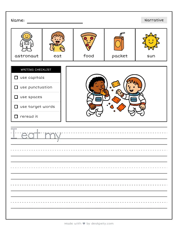 Two astronauts sharing a meal of squished food packets while floating — real worksheet preview with word bank and writing lines