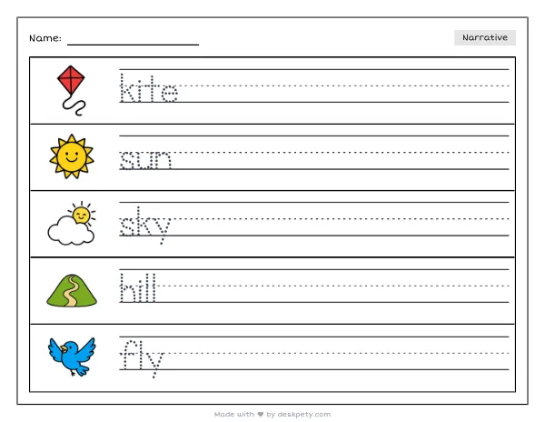 A red kite soaring above a green hill — real worksheet preview with word bank and writing lines