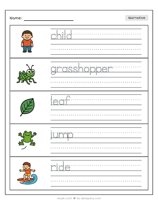 A small child shrinking to ride a friendly grasshopper through a dewdrop forest — real worksheet preview with word bank and writing lines
