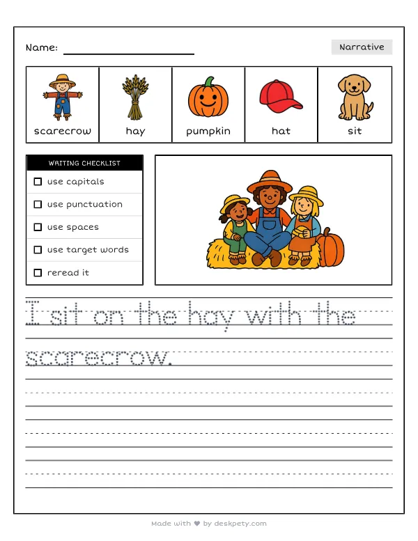 A family of scarecrows sitting on a hay bale at a fall festival — real worksheet preview with word bank and writing lines
