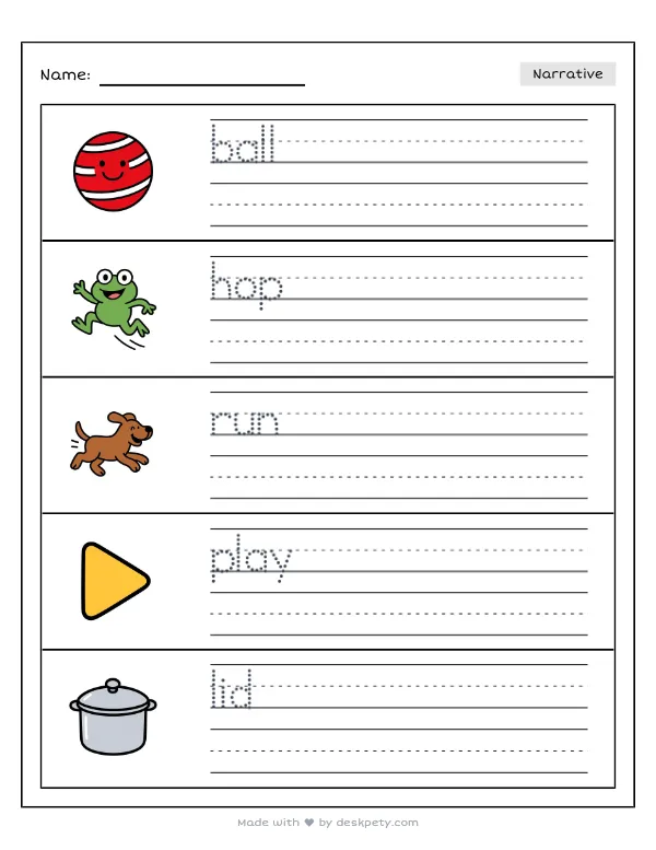 Free printable K-1 narrative writing prompt worksheet - During gym class we like to with word bank and handwriting lines (page 1 of 5)