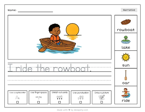 A rowboat drifting on a calm lake at sunset — real worksheet preview with word bank and writing lines