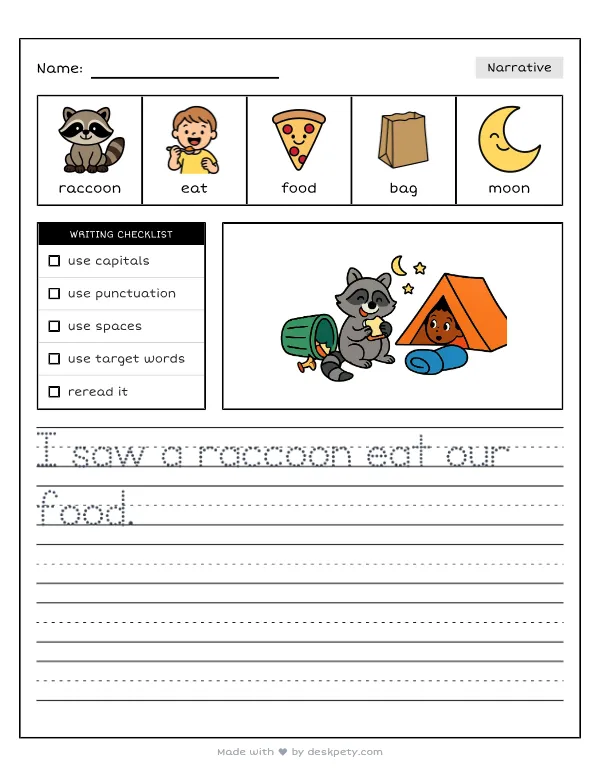 Free printable K-1 narrative writing prompt worksheet - A nocturnal animal visiting our campsite was with word bank and handwriting lines
