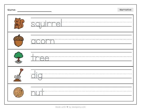 Free printable Kindergarten write and draw worksheet - A squirrel burying an acorn under a big oak tree tracing sentence and coloring page (page 1 of 4)