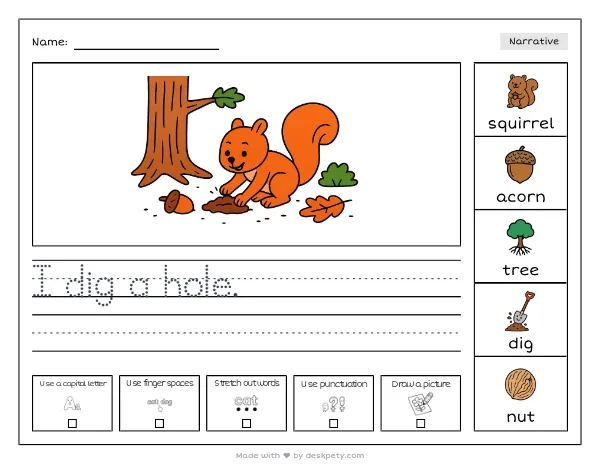 A squirrel burying an acorn under a big oak tree — real worksheet preview with word bank and writing lines