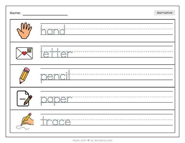 A child's hand tracing a dotted letter on a worksheet — real worksheet preview with word bank and writing lines