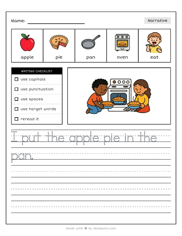 Baking a warm, delicious apple pie with a flaky crust — real worksheet preview with word bank and writing lines