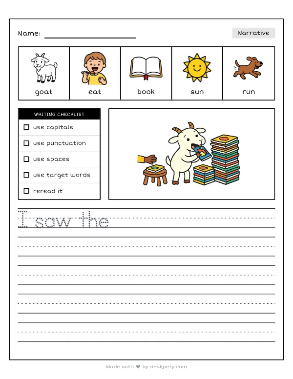A goat chewing on a stack of comic books — real worksheet preview with word bank and writing lines