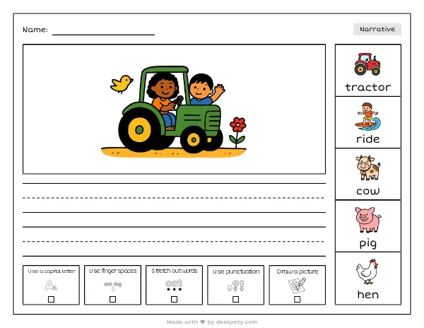 Free printable Kindergarten write and draw worksheet - Riding the big green tractor across the field tracing sentence and coloring page