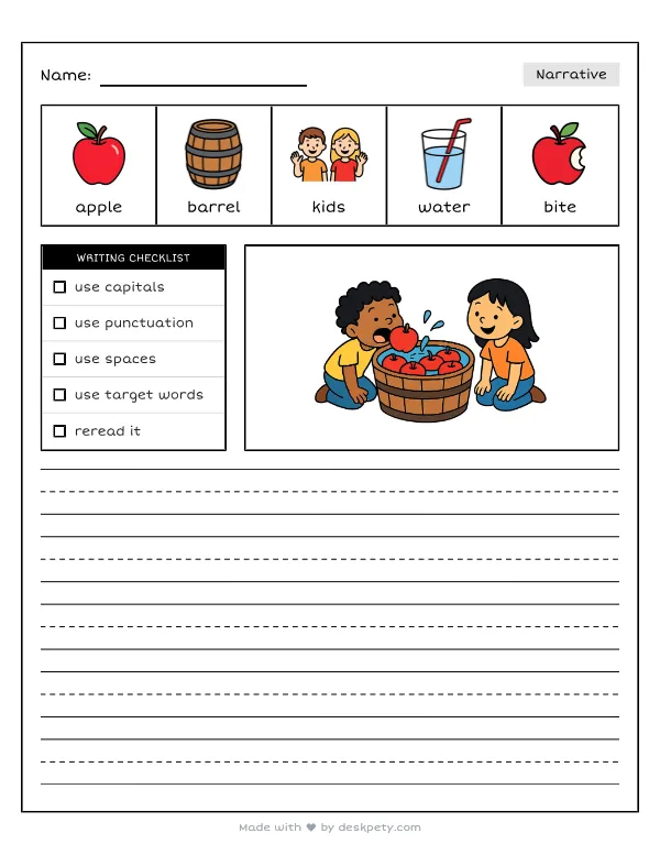 A group of kids bobbing for apples in a wooden barrel — real worksheet preview with word bank and writing lines