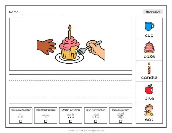 A half-eaten birthday cupcake with a single flickering candle — real worksheet preview with word bank and writing lines