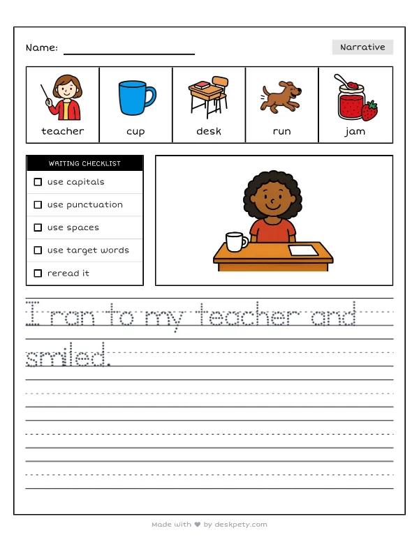 Free printable K-1 narrative writing prompt worksheet - My teacher smiled 100 times because with word bank and handwriting lines