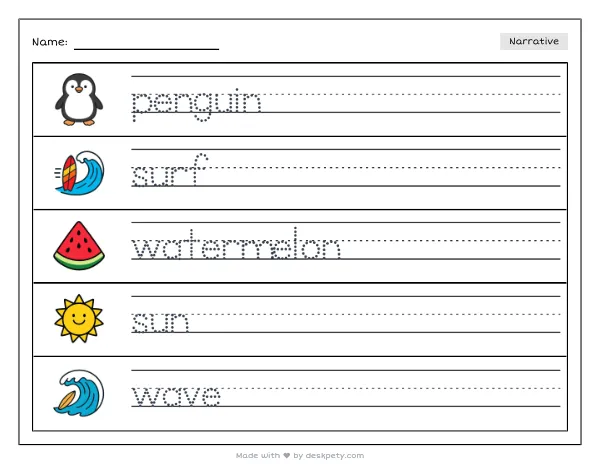 Free printable Kindergarten write and draw worksheet - A penguin surfing on a giant slice of watermelon tracing sentence and coloring page (page 1 of 4)
