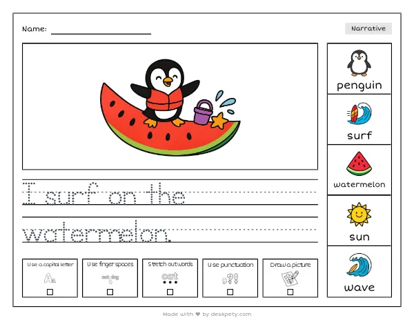 A penguin surfing on a giant slice of watermelon — real worksheet preview with word bank and writing lines