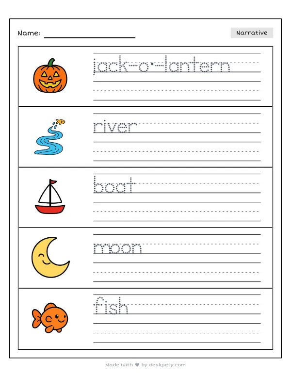 A glowing jack-o'-lantern floating down a quiet river — real worksheet preview with word bank and writing lines