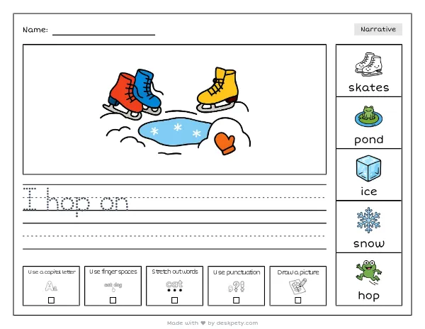 A frozen pond with colorful ice skates stuck in the snow — real worksheet preview with word bank and writing lines
