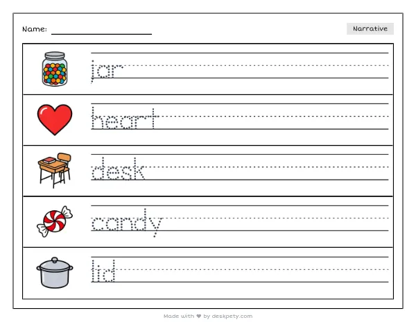 A jar filled with colorful candy hearts on a teacher's desk — real worksheet preview with word bank and writing lines