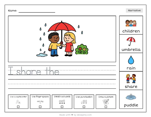 Two children sharing one umbrella in a light drizzle — real worksheet preview with word bank and writing lines