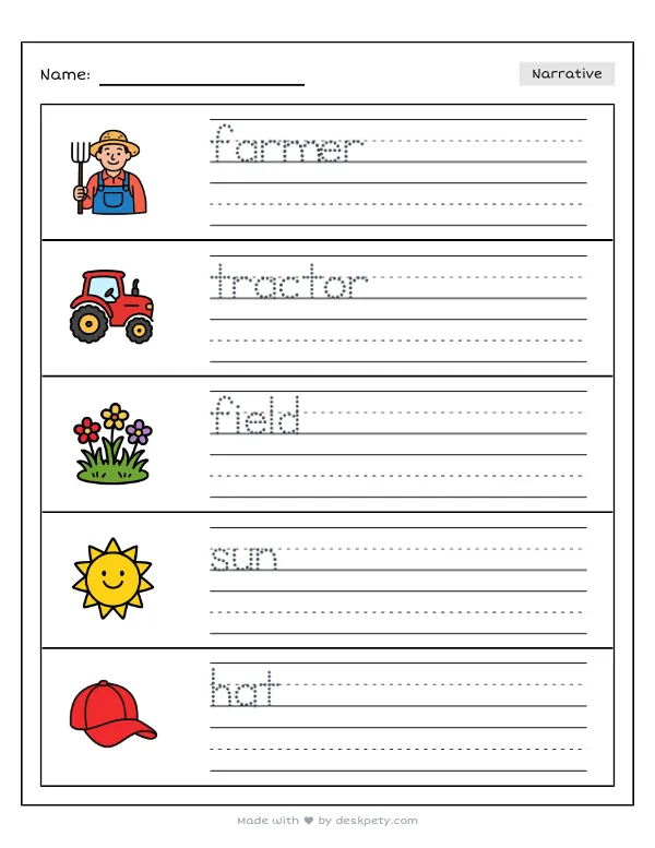 A hardworking farmer driving a tractor across a large field — real worksheet preview with word bank and writing lines
