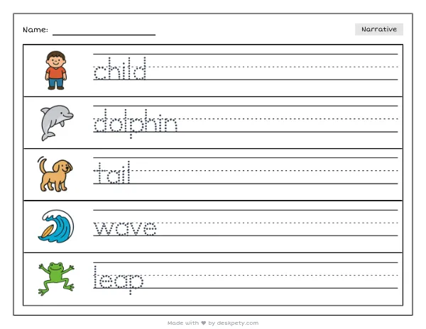 A child with a dolphin tail leaping through a sparkling ocean wave at dawn — real worksheet preview with word bank and writing lines