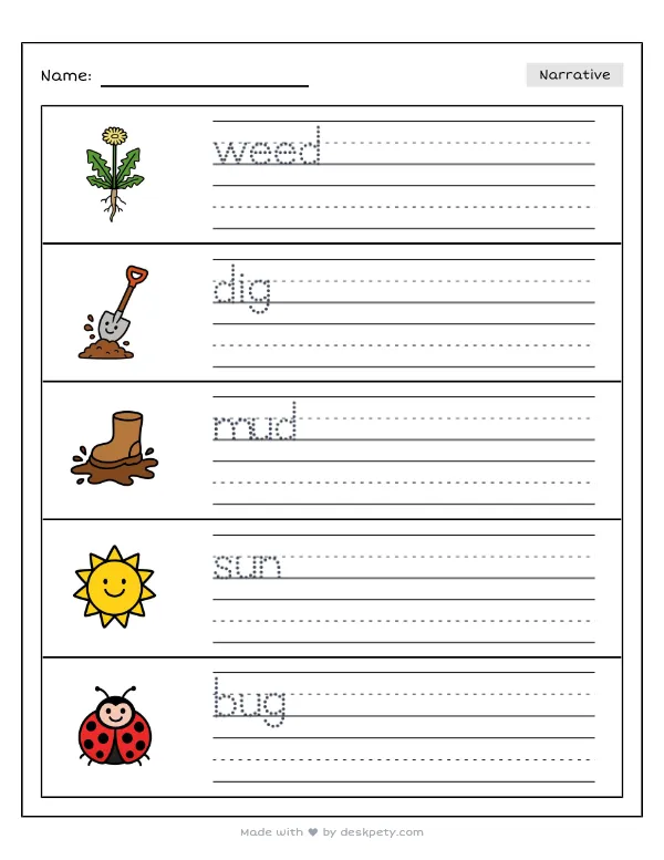 Free printable K-1 narrative writing prompt worksheet - Pulling weeds out of the soft dirt helps with word bank and handwriting lines (page 1 of 5)