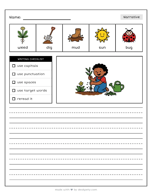 Free printable K-1 narrative writing prompt worksheet - Pulling weeds out of the soft dirt helps with word bank and handwriting lines