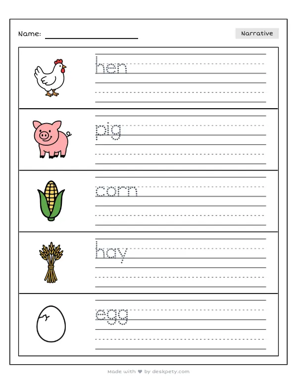 Free printable K-1 narrative writing prompt worksheet - Inside the big red barn I saw a with word bank and handwriting lines