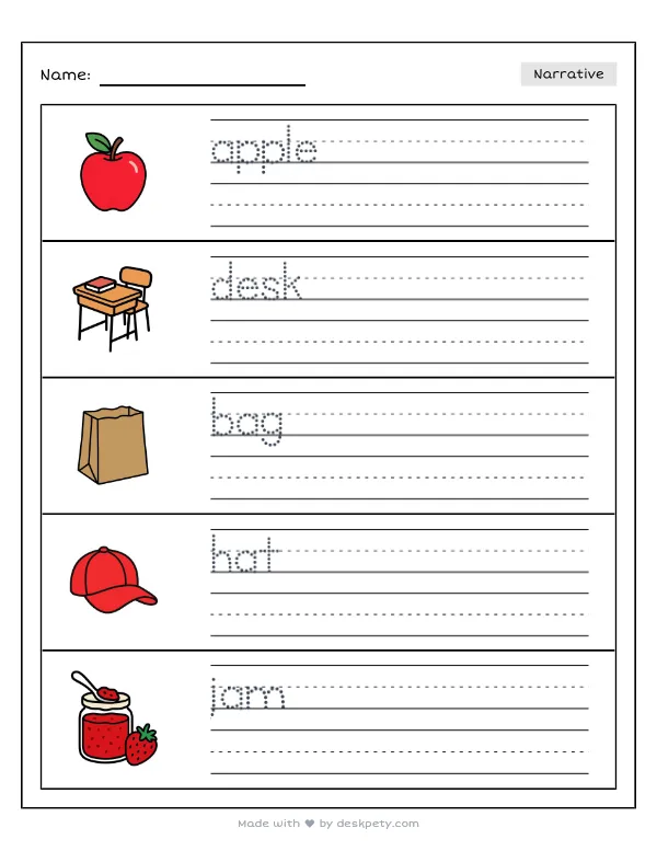 A shiny red apple sitting on the corner of a wooden teacher's desk — real worksheet preview with word bank and writing lines