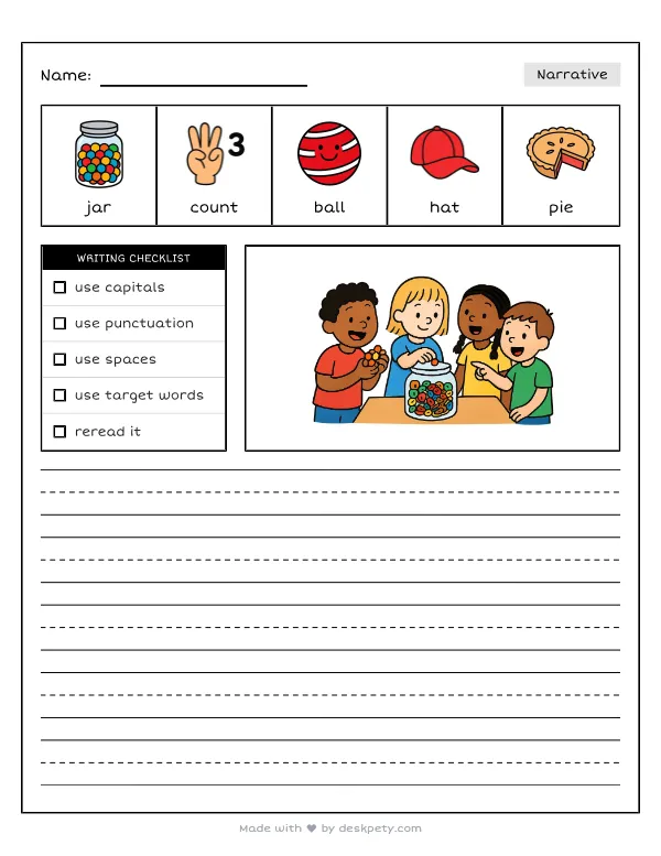 Free printable K-1 narrative writing prompt worksheet - At school we celebrated by with word bank and handwriting lines