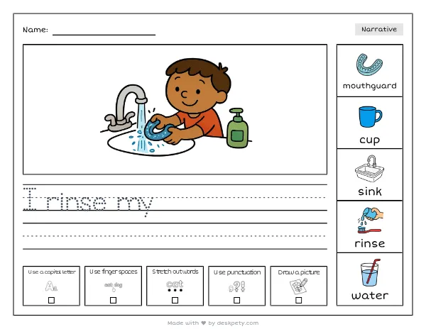 Free printable Kindergarten write and draw worksheet - Rinsing a sparkly blue mouthguard in the locker room tracing sentence and coloring page