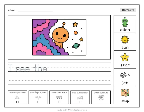 An alien peeking from behind a colorful nebula — real worksheet preview with word bank and writing lines