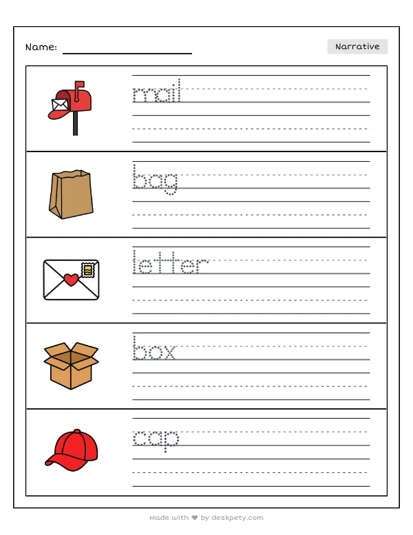 A friendly mail carrier delivering letters to a neighborhood mailbox — real worksheet preview with word bank and writing lines