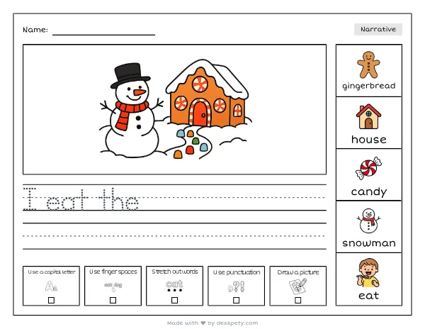 A gingerbread house with candy windows — real worksheet preview with word bank and writing lines