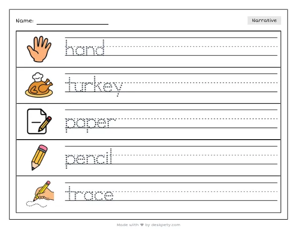 A child carefully tracing their hand to make a turkey on construction paper — real worksheet preview with word bank and writing lines
