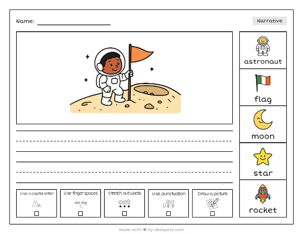An astronaut planting a flag on a crater's edge — real worksheet preview with word bank and writing lines