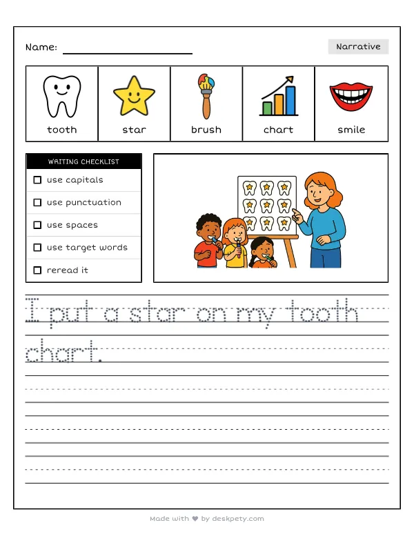 Free printable K-1 narrative writing prompt worksheet - A preschool classroom chart with a golden star sticker on each brushed tooth with word bank and handwriting lines