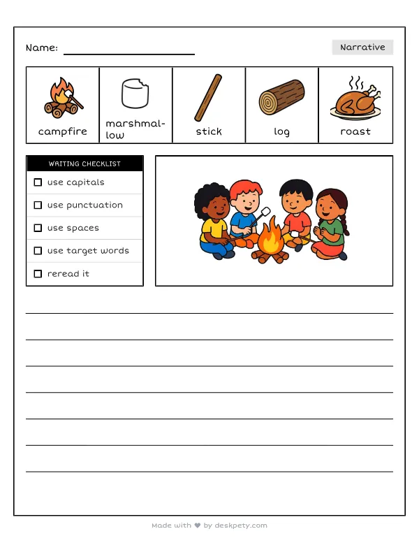 Free printable K-1 narrative writing prompt worksheet - Sitting around the campfire I like to with word bank and handwriting lines
