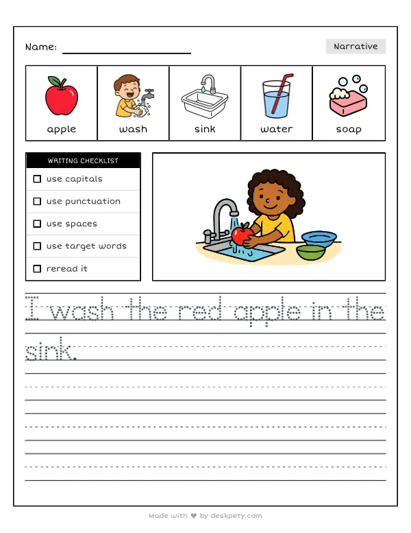 Free printable K-1 narrative writing prompt worksheet - In the kitchen I can help by washing the with word bank and handwriting lines