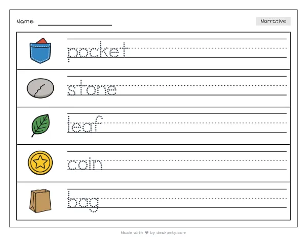 Free printable Kindergarten write and draw worksheet - A pocket filled with a smooth stone, a red leaf, and a shiny coin tracing sentence and coloring page (page 1 of 4)