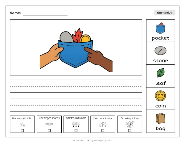 A pocket filled with a smooth stone, a red leaf, and a shiny coin — real worksheet preview with word bank and writing lines